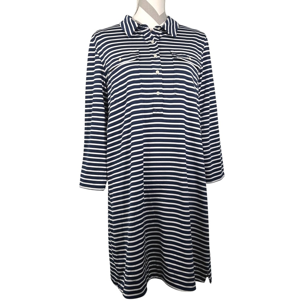 Vineyard Vines Sankaty Margo Navy White Striped Performance Shirt Dress Womens L